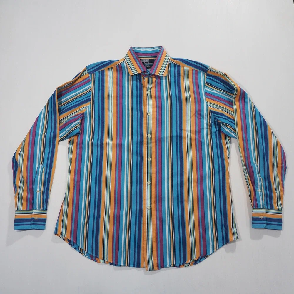 Polo Ralph Lauren Men Large Regent Blue Stripe Long Sleeve Vintage 90s Button Up